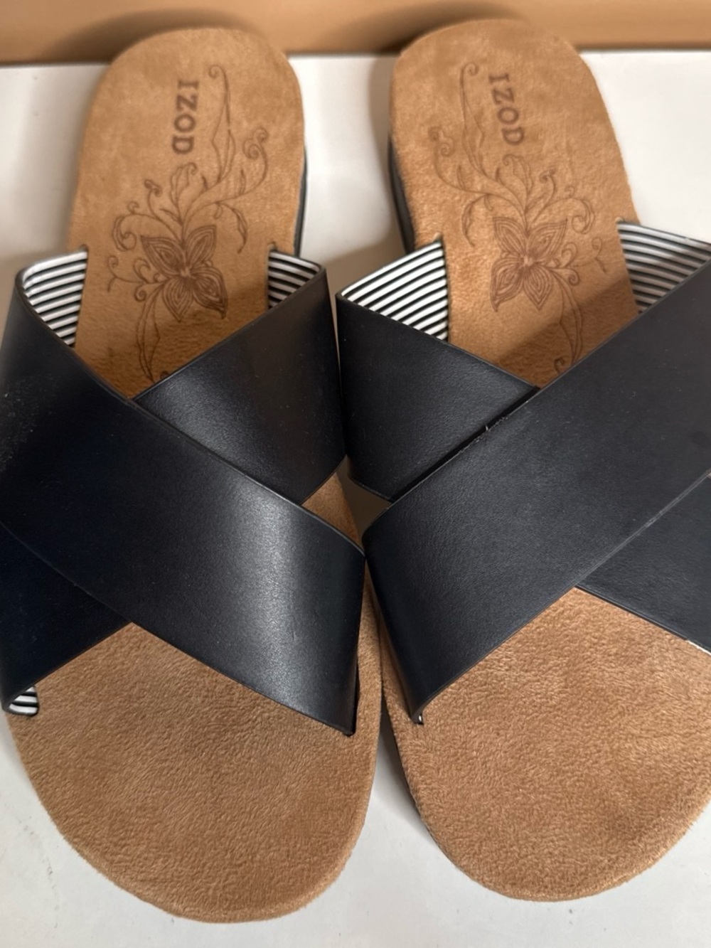 Izod Black Crisscross Slide Sandals with Tan Footbed
